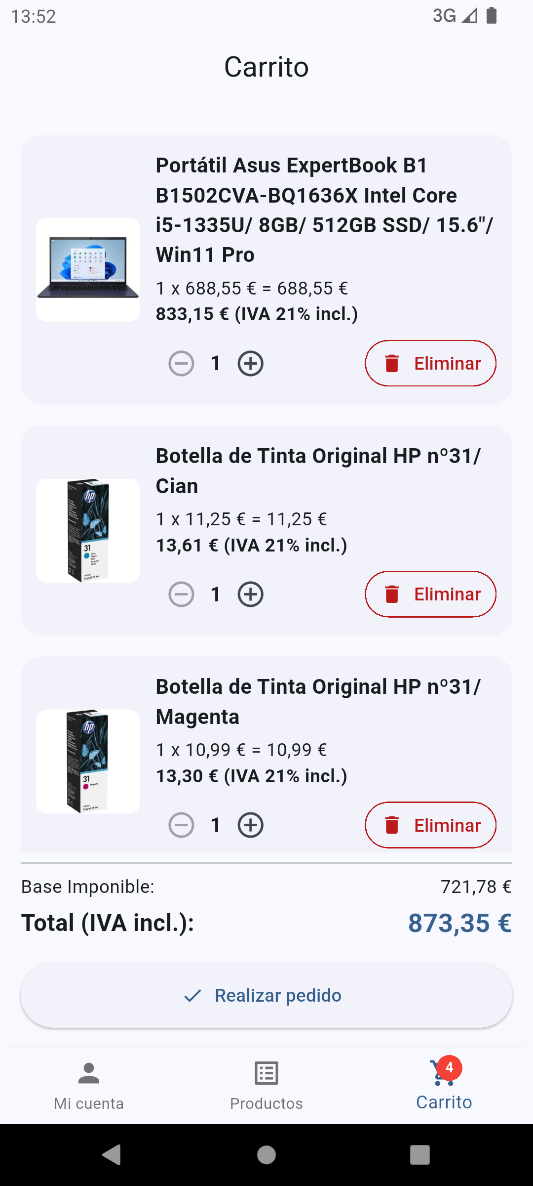 Pantalla de pedido/carrito en la app EvoGo